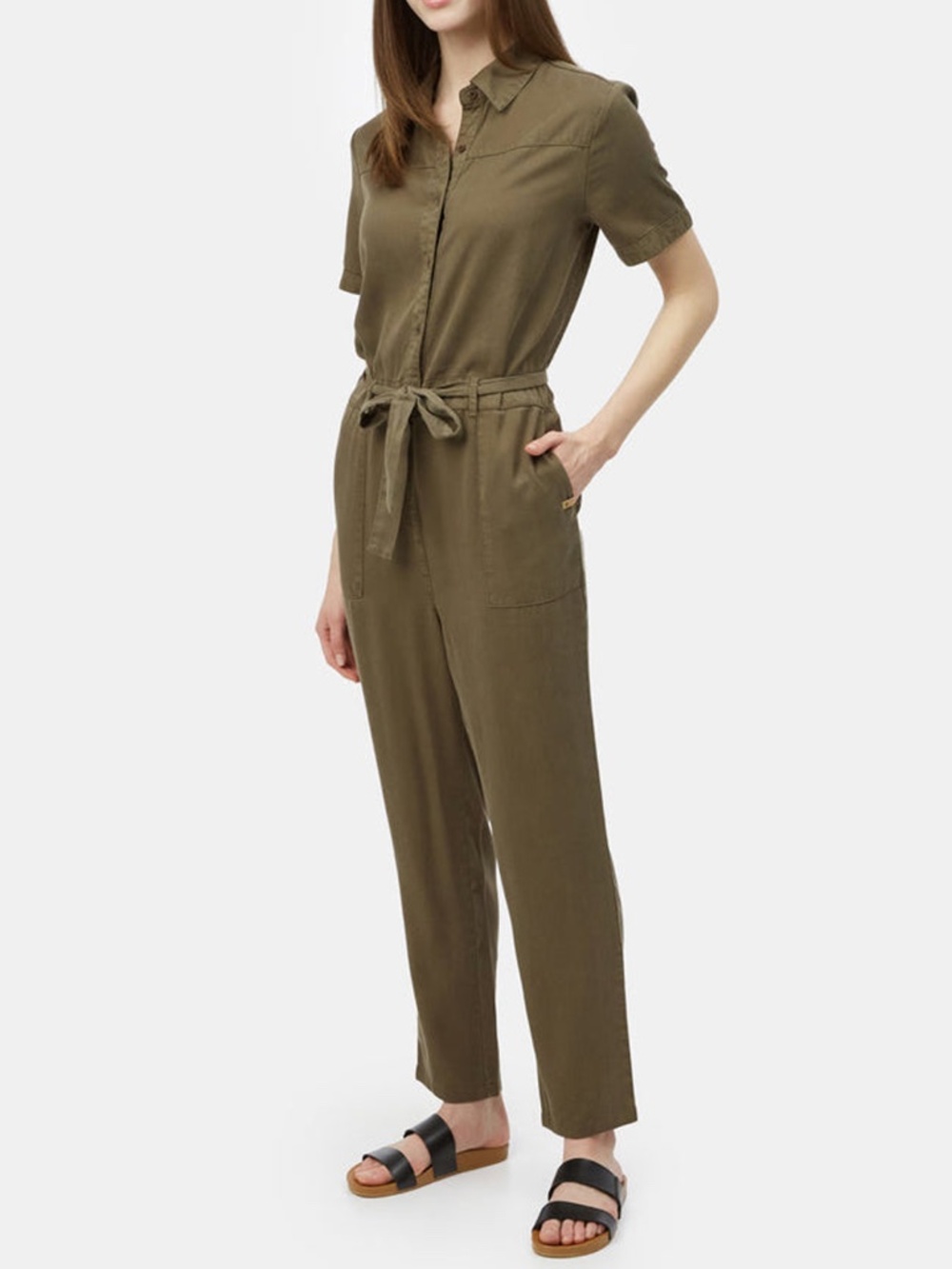 tentree TENCEL Slater Jumpsuit Olive Green Utility Tie Waist Small